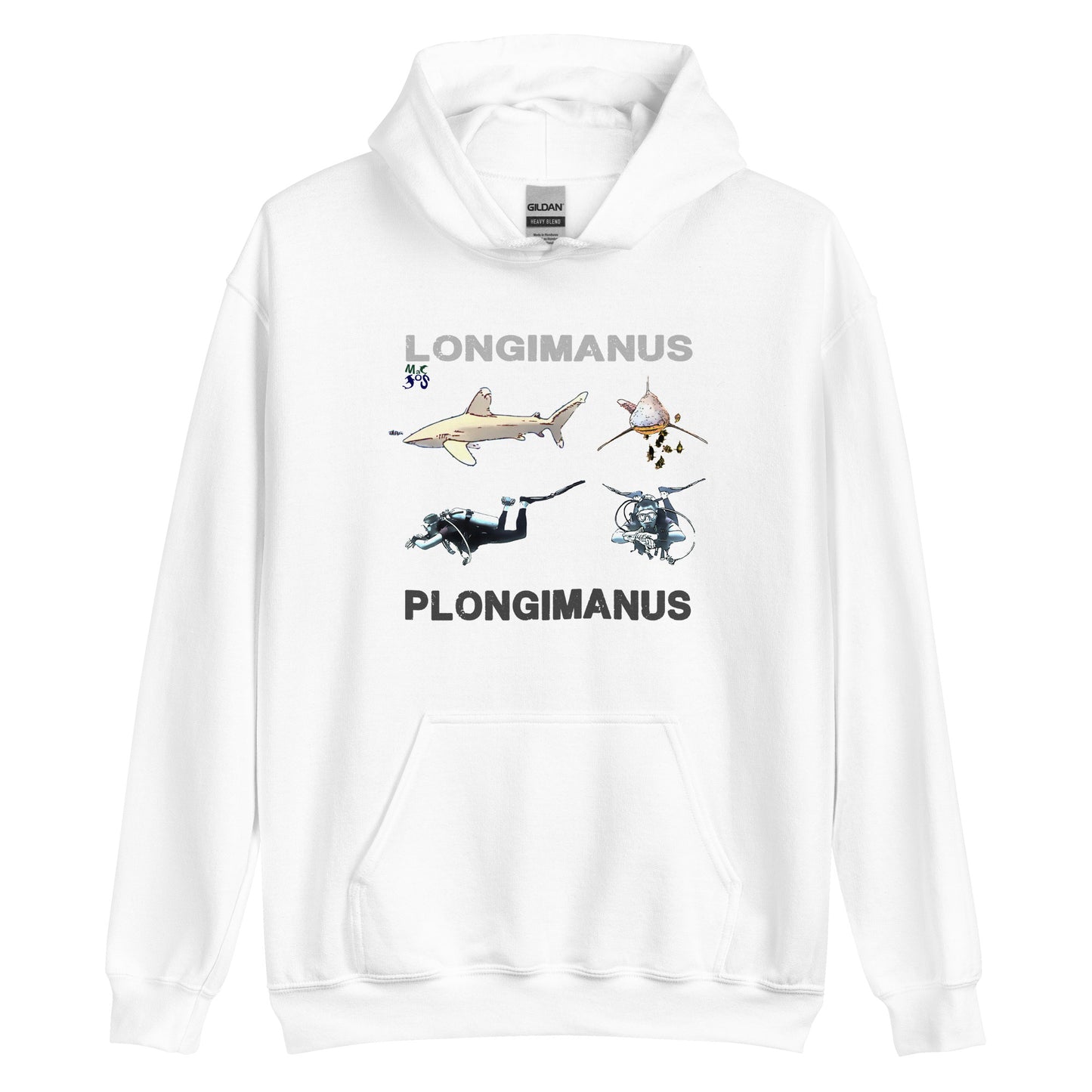 sweat a capuche blanc MacJos plongée Requin LONGIMANUS PLONGIMANUS