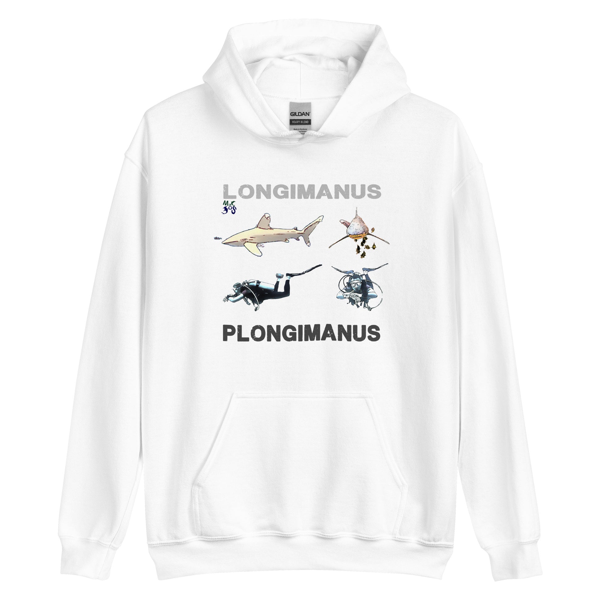 sweat a capuche blanc MacJos plongée Requin LONGIMANUS  PLONGIMANUS