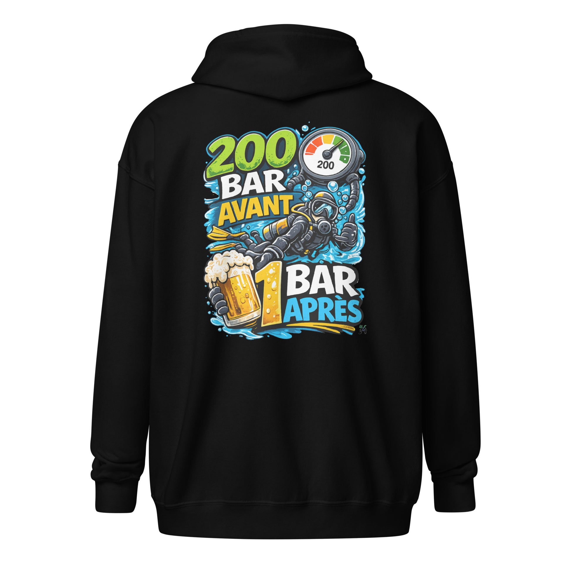 Sweat à capuche zip plongee MacJos, 200 Bar Avant, 1 Bar Après : Le Débrief du Plongeur 