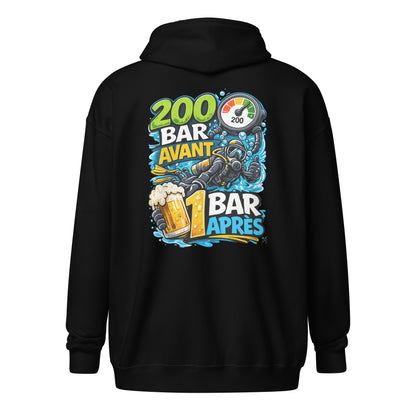 Sweat à capuche zip plongee MacJos, 200 Bar Avant, 1 Bar Après : Le Débrief du Plongeur 